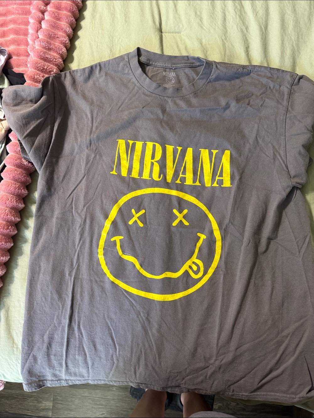 NIRVANA Gray Tee with Yellow Smiley Logo
